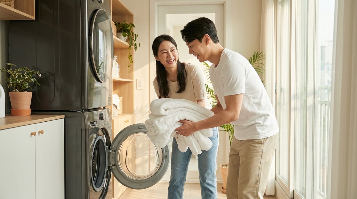 30대 한국인 부부가 모던 세탁실에서 히트펌프 건조기에서 따뜻한 수건을 꺼내는 라이프스타일 사진