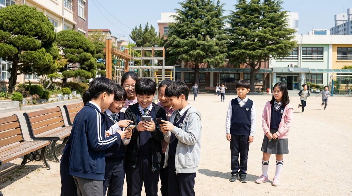 쉬는 시간에 스마트폰을 보는 초등학생들과 폰이 없어 소외된 아이들