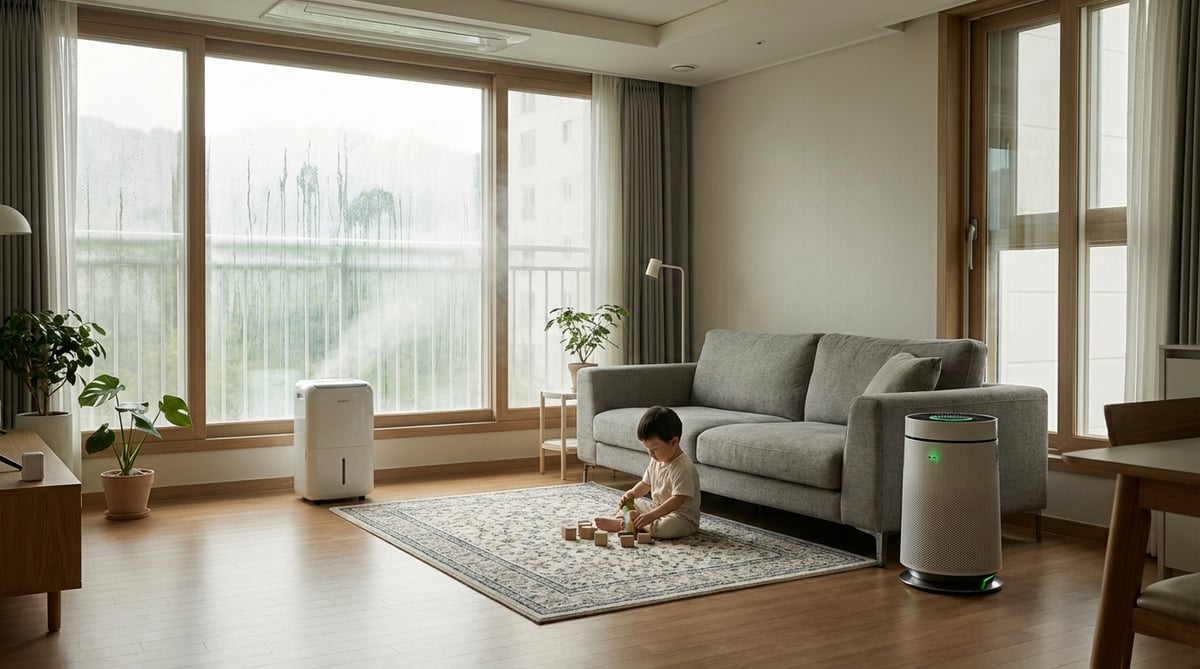 습한 여름날 한국 가정 거실에서 아이가 노는 소파 옆에 공기청정기, 창가에 제습기가 각각 작동하는 모습
