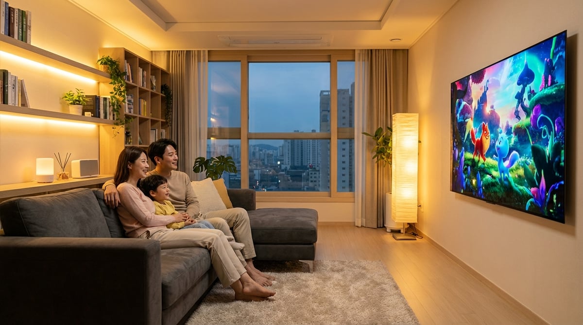 아늑한 한국 아파트 거실에서 가족이 함께 대형 OLED TV를 시청하는 모습, 따뜻한 조명과 편안한 소파 배치