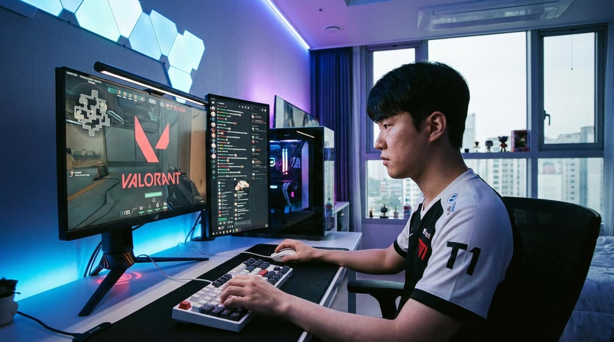 한국인 게이머가 발로란트를 플레이하는 경쟁 게이밍 셋업, 고주사율 모니터와 기계식 키보드가 갖춰진 환경