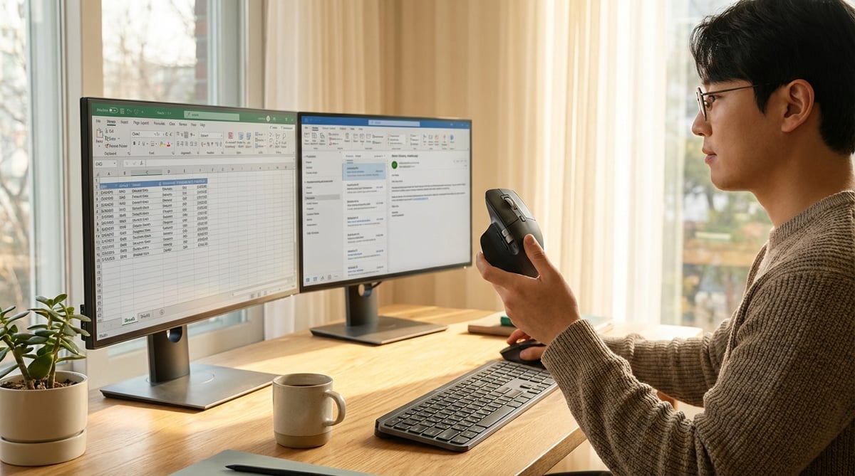 홈오피스에서 인체공학 무선 마우스로 작업 중인 30대 남성