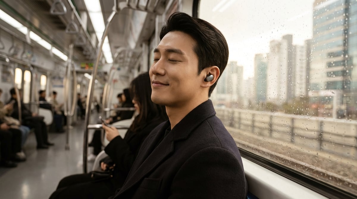 서울 지하철 창가에 앉아 프리미엄 무선 이어버드를 착용하고 편안하게 눈을 감고 음악을 감상하는 30대 초반의 한국인 남성