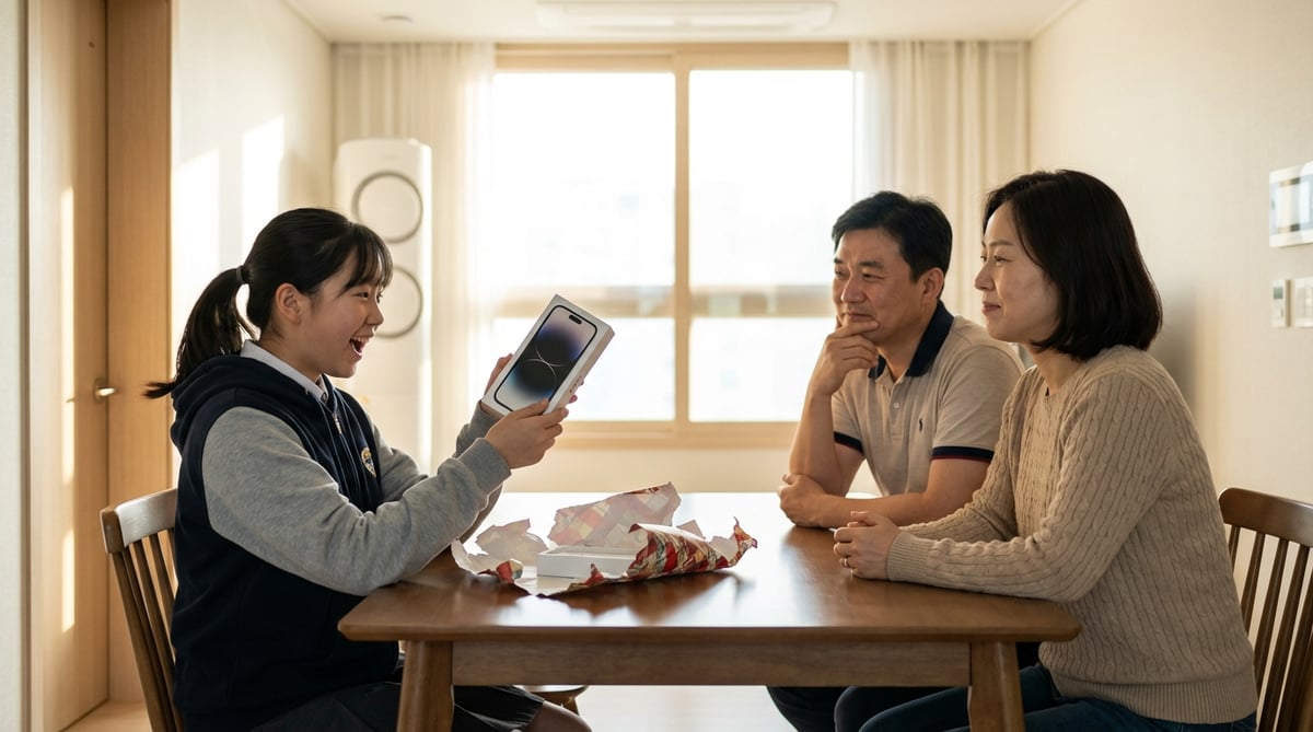 새 아이폰을 언박싱하며 기뻐하는 중학생 딸과 걱정스러운 표정의 부모