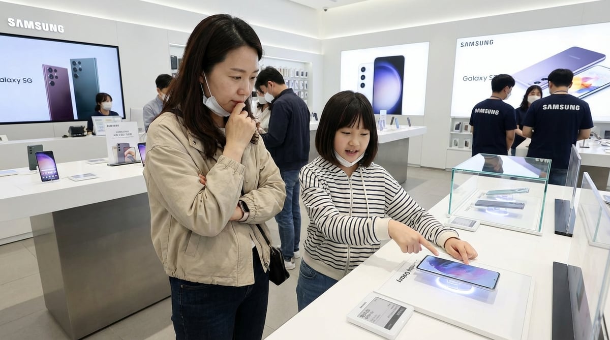 통신사 매장에서 스마트폰을 비교하며 고르는 엄마와 중학생 딸