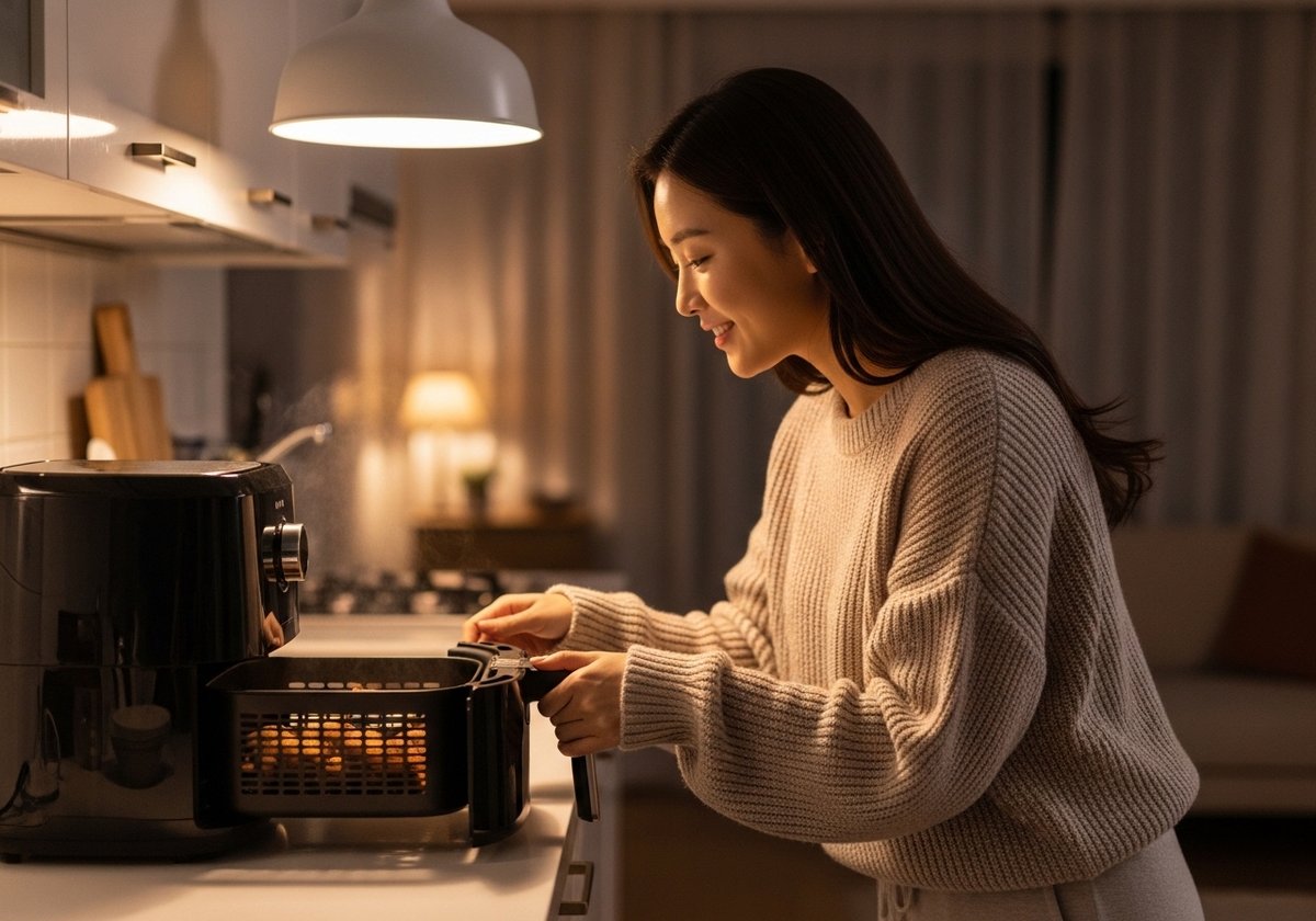 퇴근 후 따뜻한 조명의 주방에서 에어프라이어를 열어 바삭한 음식을 확인하는 여성