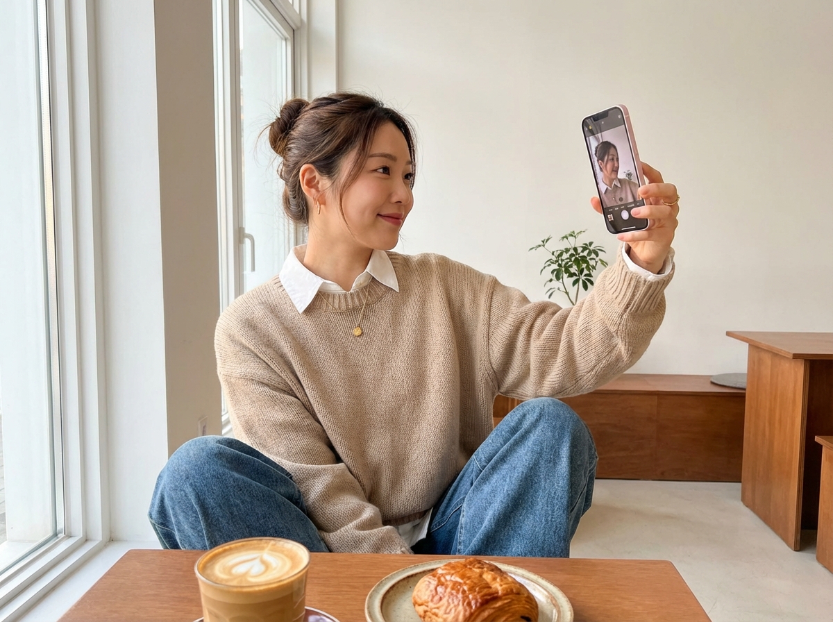 카페 창가에서 아이폰 17e 소프트핑크를 들고 있는 젊은 한국 여성, 자연광 아래 무광 마감이 돋보이는 라이프스타일 사진