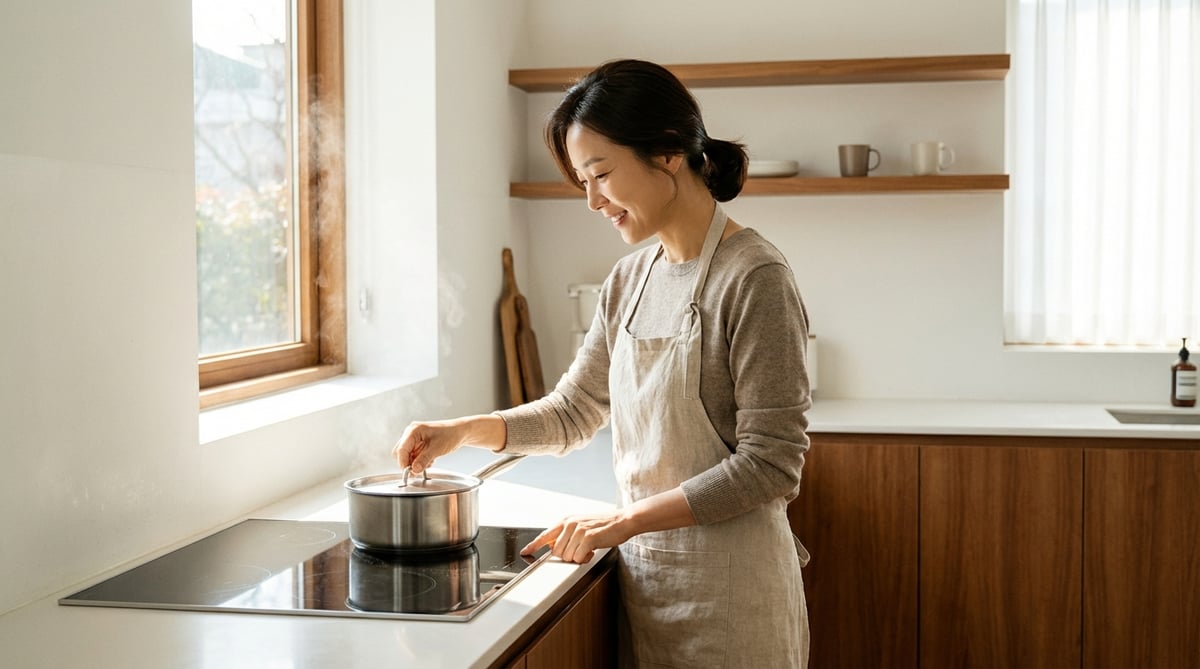40대 한국 여성이 모던 주방에서 인덕션 쿡탑 위에 스테인리스 냄비를 올리고 조리하는 라이프스타일 사진