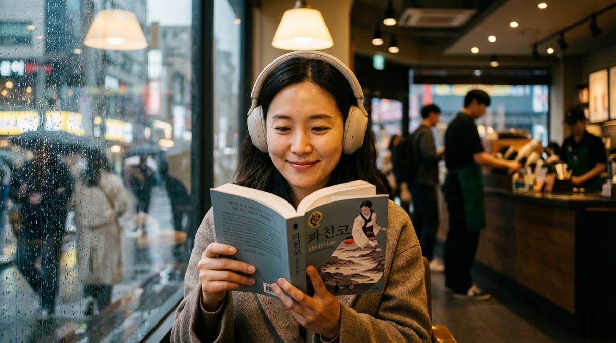 서울 카페에서 노이즈캔슬링 헤드폰을 착용하고 독서에 집중하는 한국인 여성