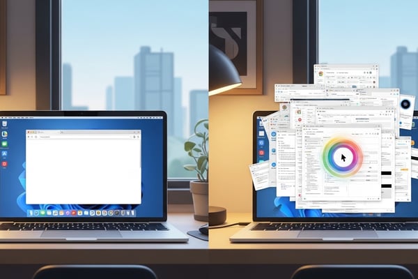 왼쪽은 최소한의 앱으로 쾌적하게 작동하는 노트북, 오른쪽은 과도한 크롬 탭과 앱으로 멈춘 노트북을 비교하는 분할 화면