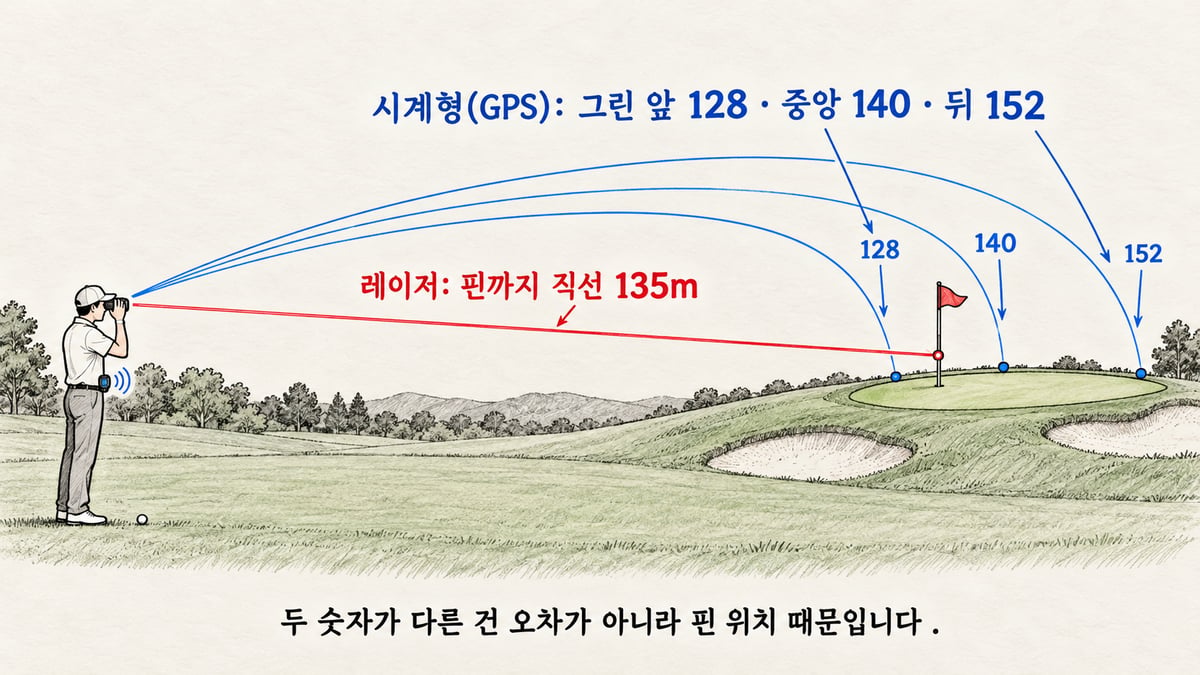 레이저는 핀까지 직선 135m를 재고 시계형 GPS는 그린 앞 128·중앙 140·뒤 152를 보여 주는 손그림 설명도