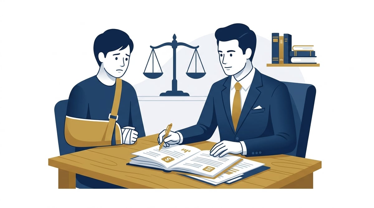 교통사고 피해자가 변호사와 상담하며 손해배상 서류를 검토하는 모습