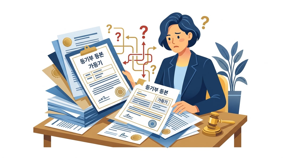 법률 서류와 등기부 등본을 보며 고민하는 사람, 가등기 권리 해석의 복잡성