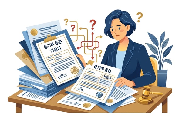 법률 서류와 등기부 등본을 보며 고민하는 사람, 가등기 권리 해석의 복잡성