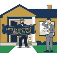 새 집 앞에 선 매수인이 '유치권 행사 중' 팻말과 공사복을 입은 남자를 보고 당황하는 장면