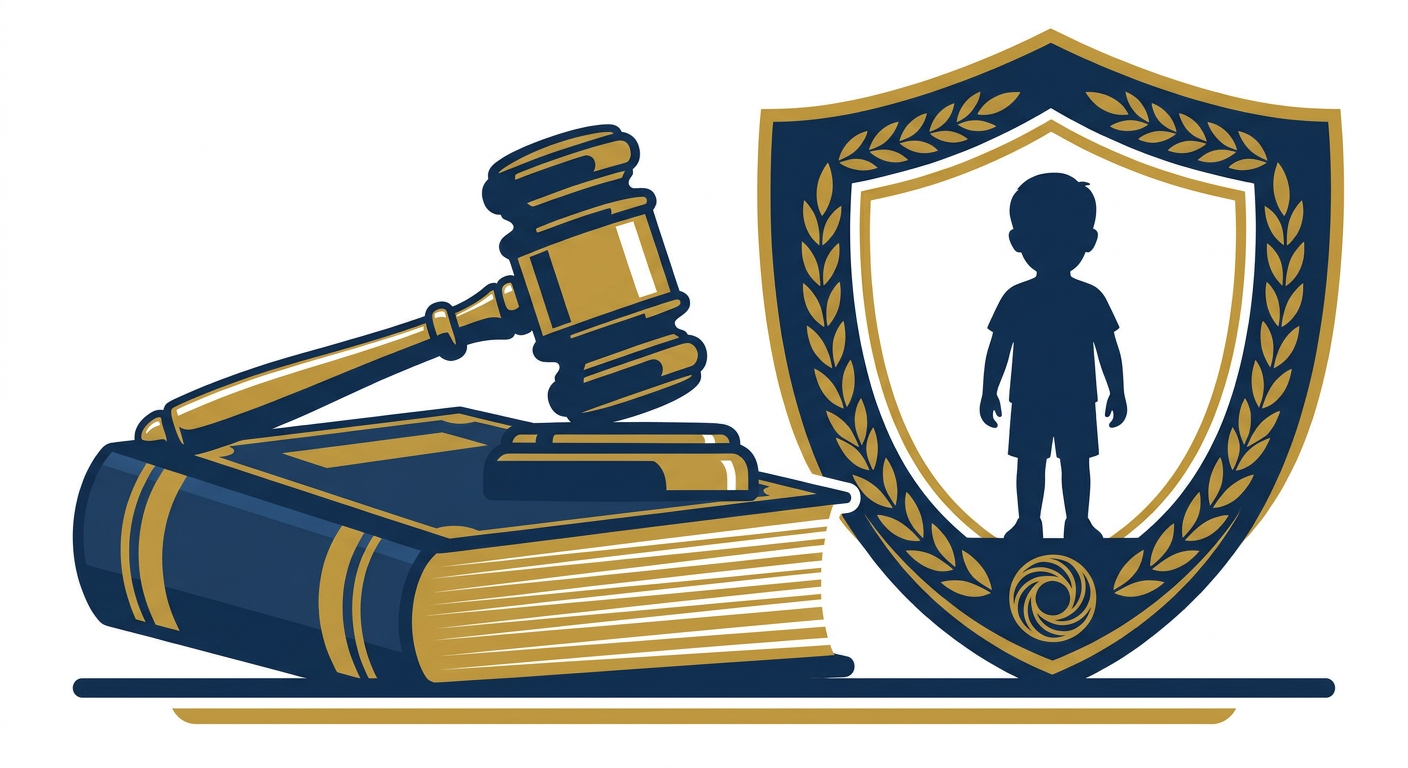 두꺼운 법전 위에 놓인 망치와 그 옆에서 안전하게 보호받는 아이의 모습이 그려져 있다.