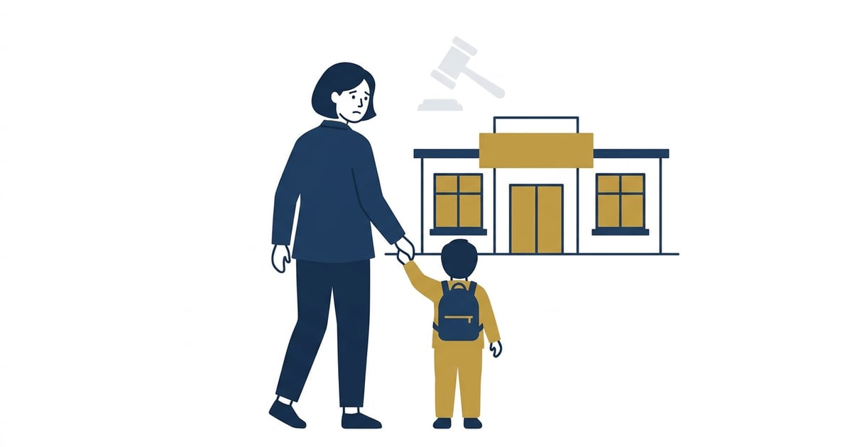 어린이집 앞에서 부모가 아이의 손을 잡고 걱정스러운 표정으로 서 있다. 뒤로는 법률을 상징하는 이미지가 희미하게 보인다.