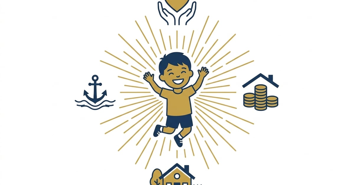 따뜻한 빛으로 둘러싸인 아이가 중심에 있고, 주변으로 부모의 경제력, 사랑, 환경 등 양육자 지정 요소를 나타내는 아이콘들이 배치된 그림.