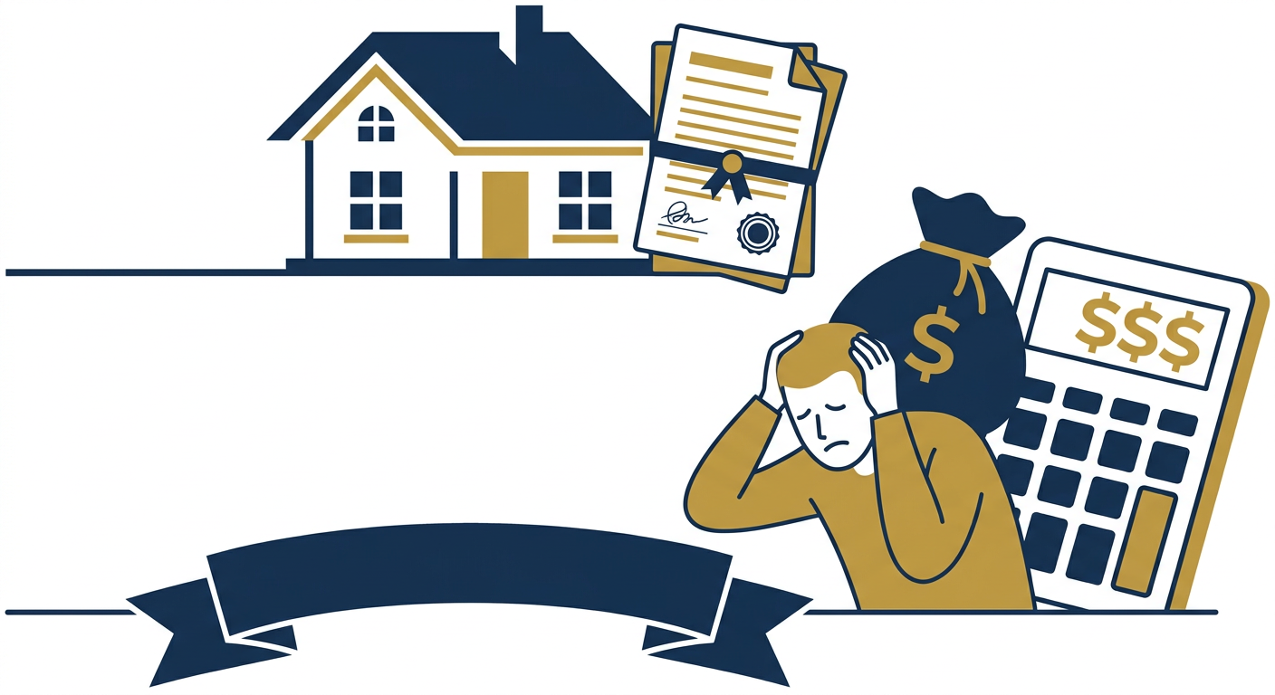 주택 거래 서류와 함께 세금 계산기가 놓여있고, 화난 표정의 사람 아이콘이 세금을 내는 모습을 연상시키는 이미지