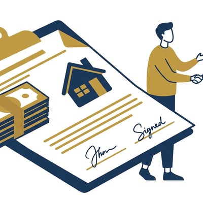 이혼 합의서류 위에 현금과 집 모양 아이콘이 놓여 있는 장면, 재산분할 및 위자료 협상 분위기를 표현