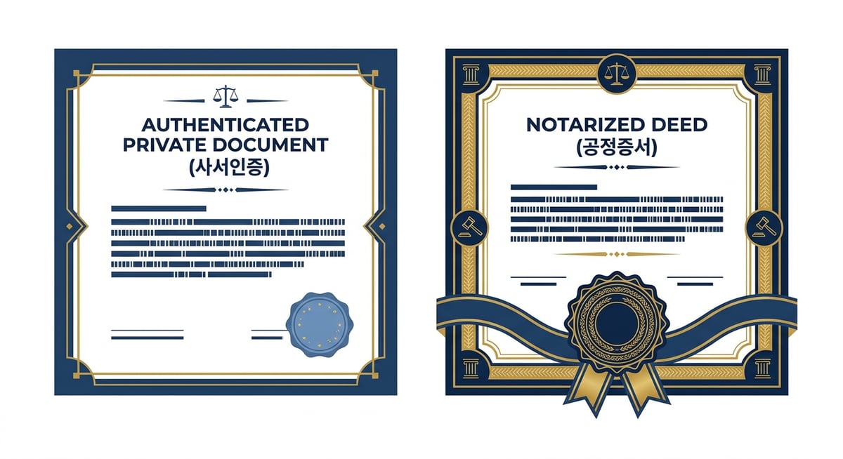 두 가지 다른 공증 서류: '사서인증'이 적힌 서류와 '공정증서'가 적힌 서류.
