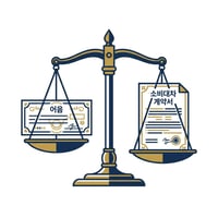 저울 위에 한쪽에는 약속어음, 다른 쪽에는 소비대차 계약서가 놓여 있고, 소비대차 계약서 쪽이 더 무거운 것을 나타냄