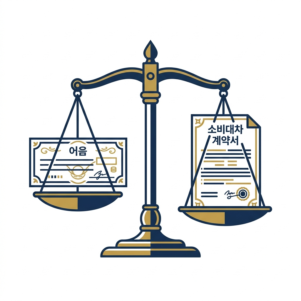 저울 위에 한쪽에는 약속어음, 다른 쪽에는 소비대차 계약서가 놓여 있고, 소비대차 계약서 쪽이 더 무거운 것을 나타냄