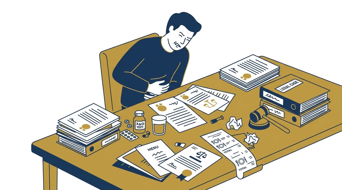 식중독으로 배를 움켜쥔 사람과 식당 영수증, 약, 법률 서류가 놓인 테이블