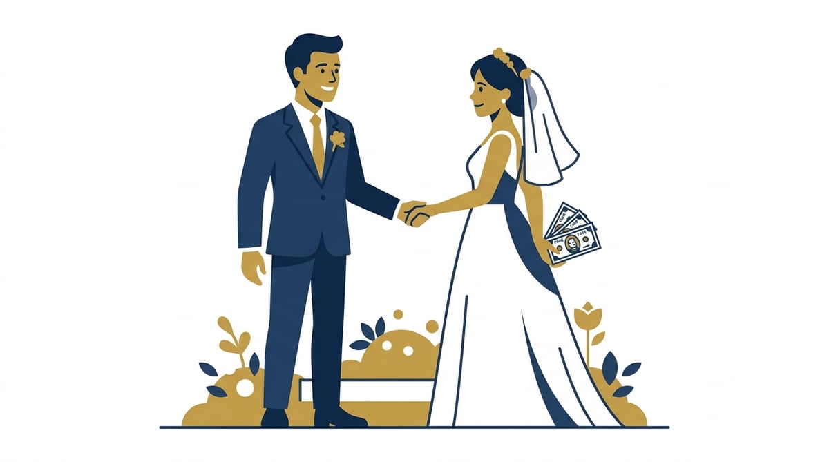 결혼식장 배경, 남녀가 서로를 보며 손을 맞잡고 있고, 여자 뒤에는 가짜 돈다발이 숨겨져 있는 모습.