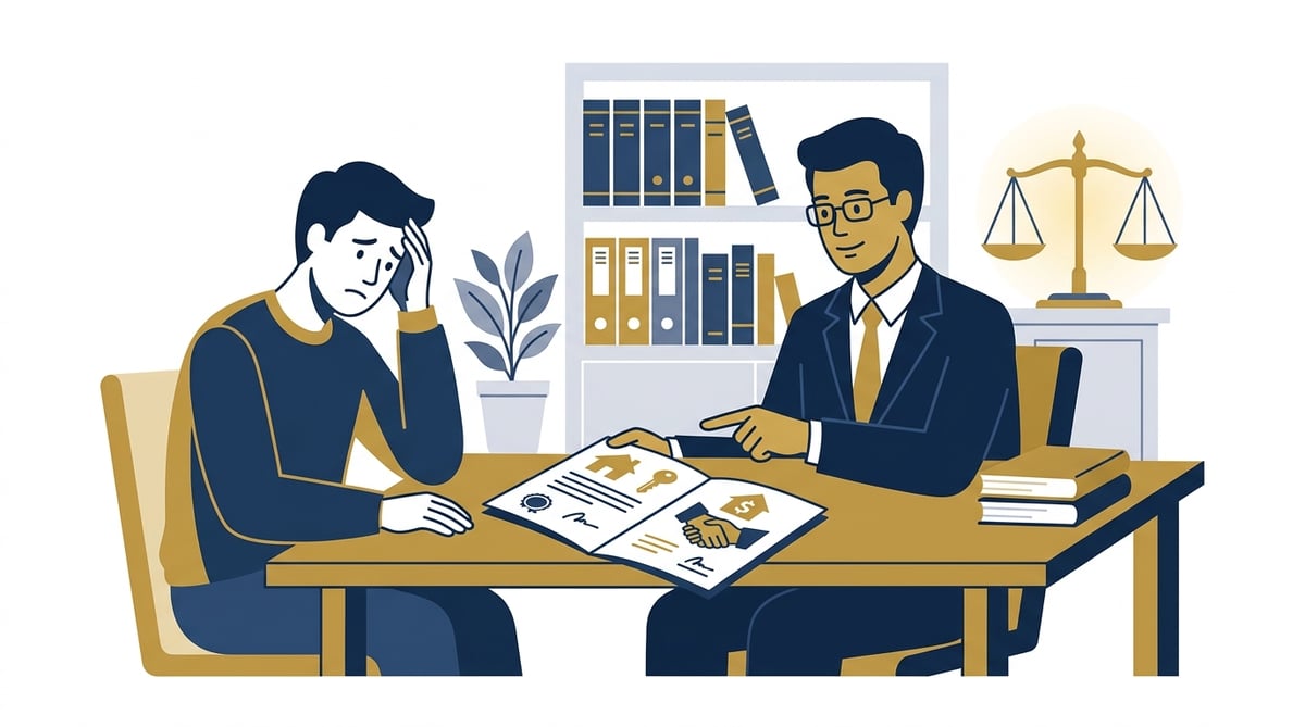 도박 빚 문제로 고민하는 사람이 법률 전문가와 상담하며 부동산 관련 서류를 살펴보는 장면. 저울과 법률 서적이 보입니다.