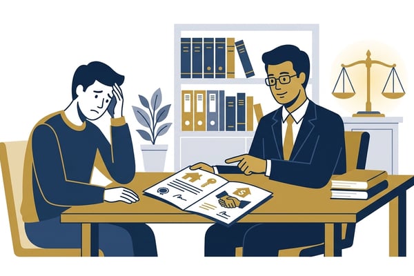 도박 빚 문제로 고민하는 사람이 법률 전문가와 상담하며 부동산 관련 서류를 살펴보는 장면. 저울과 법률 서적이 보입니다.