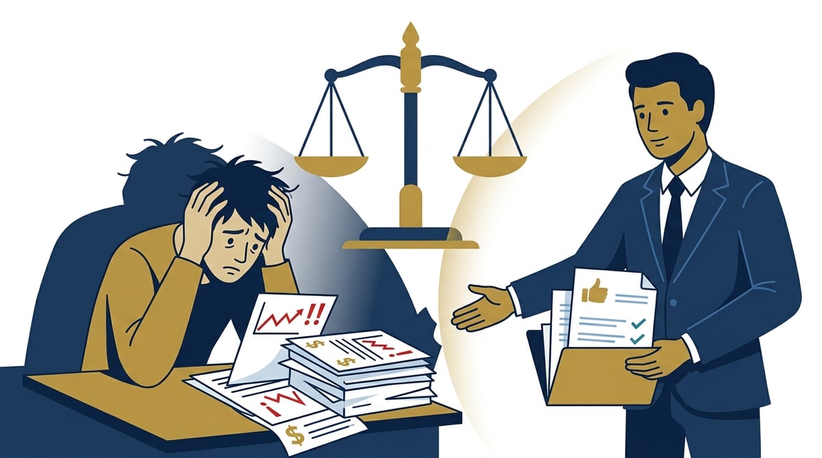 좌절한 채 고금리 대출 서류를 보는 사람과 그에게 해결책을 제시하는 변호사