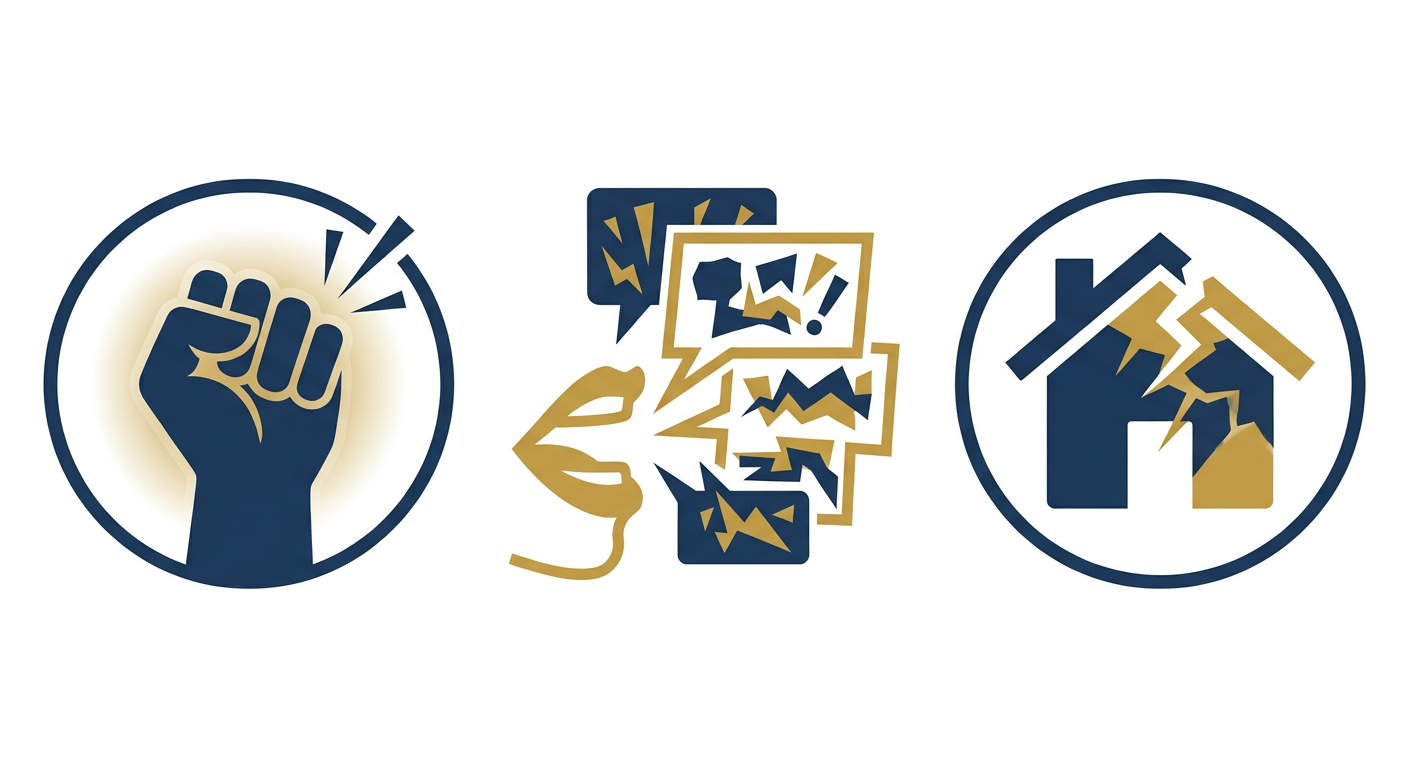 주먹, 욕설하는 입, 금이 간 집 모형의 아이콘이 신체적, 정신적, 재산상 폭력을 상징한다.