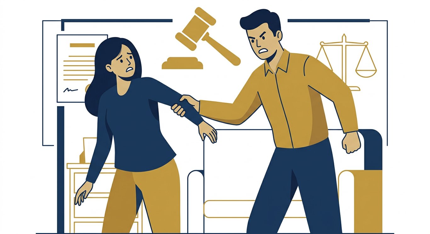 남편이 아내의 팔을 잡고 위협적인 표정을 짓는 부부싸움 장면, 아내는 고통스러운 표정으로 움츠러들고 있다.