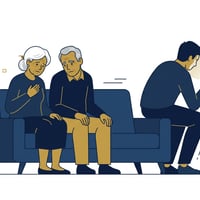 늙은 부모가 아들을 바라보지만 아들은 등을 돌리고 휴대폰을 보며 무관심한 모습. 서글픈 가족의 갈등을 표현.