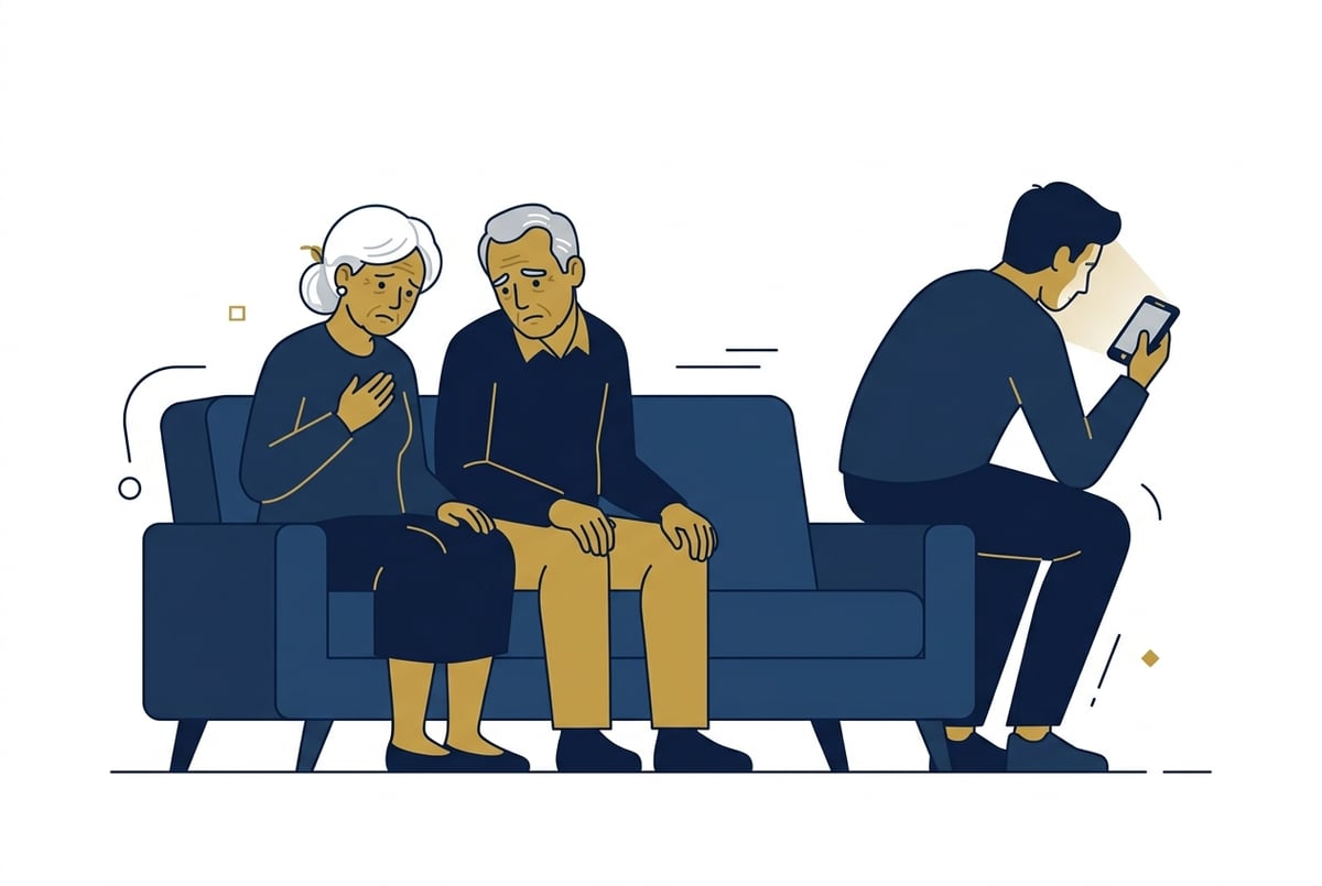 늙은 부모가 아들을 바라보지만 아들은 등을 돌리고 휴대폰을 보며 무관심한 모습. 서글픈 가족의 갈등을 표현.