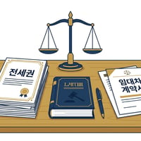 전세권과 임대차 계약서, 법전, 펜, 저울이 놓인 테이블 위 전세와 월세 차이점을 설명하는 장면