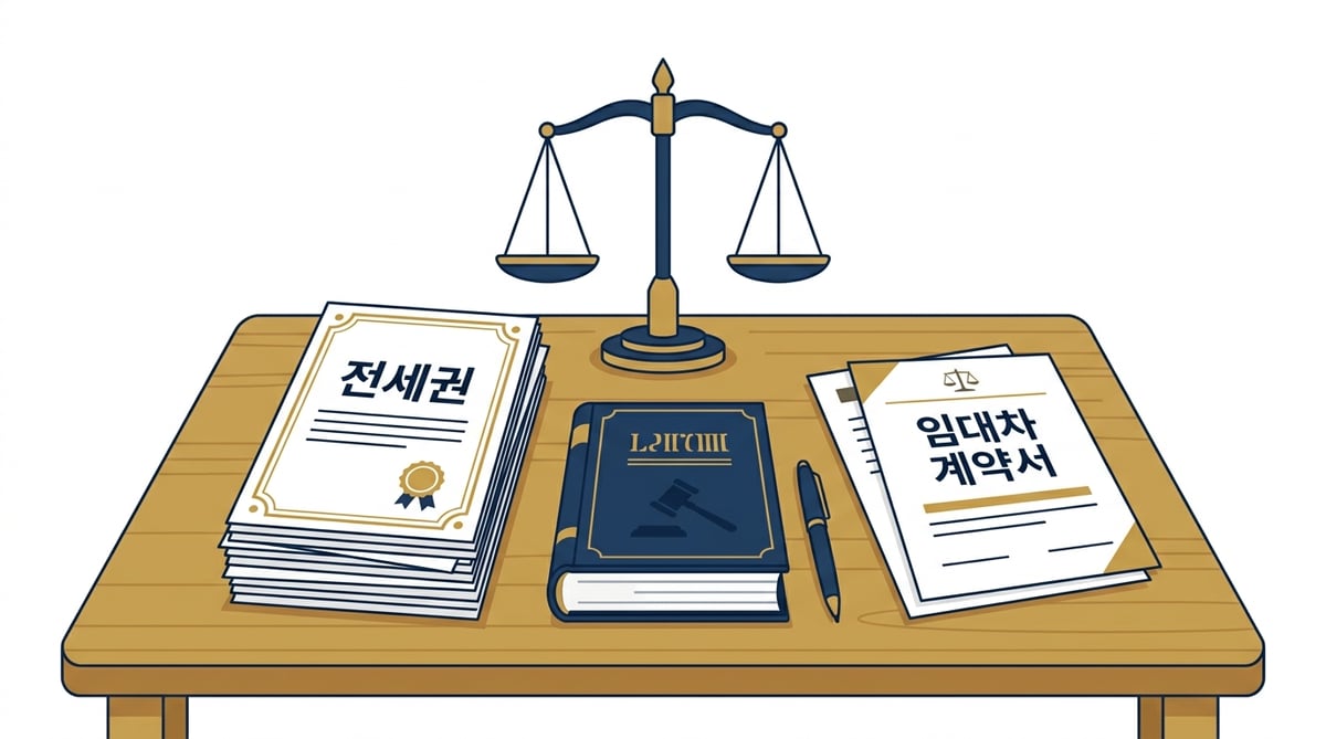 전세권과 임대차 계약서, 법전, 펜, 저울이 놓인 테이블 위 전세와 월세 차이점을 설명하는 장면