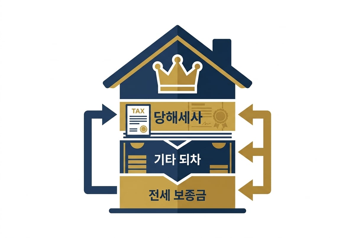 집 이미지와 돈더미, 세금 고지서, 그리고 '우선' 도장이 찍혀 있는 다이어그램
