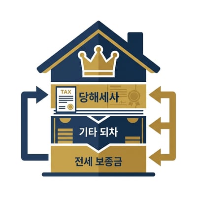 집 이미지와 돈더미, 세금 고지서, 그리고 '우선' 도장이 찍혀 있는 다이어그램