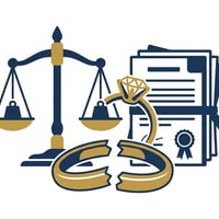 결혼반지가 깨져있고, 그 뒤로 법률 서류와 저울이 보이는 이미지로, 약혼 파기의 법적 책임을 상징합니다.