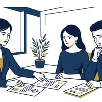 성인 자녀들이 변호사와 함께 어머니의 상속 서류를 검토하며 진지하게 상담하는 장면