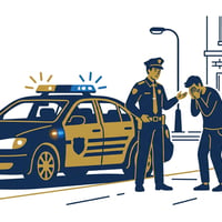 폭행 신고를 받고 출동하여 현장에 도착한 경찰차와 경찰관들, 사건 현장을 살펴보는 모습.