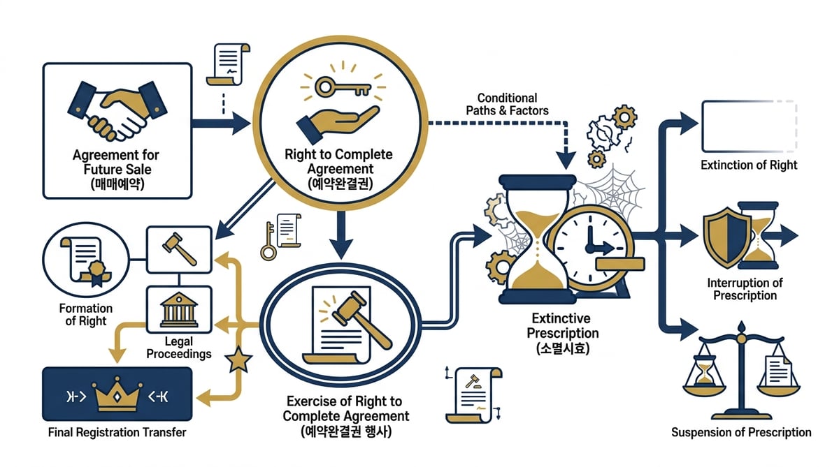 매매예약, 예약완결권, 본등기청구권, 그리고 소멸시효가 화살표로 연결된 복잡한 법률 개념 흐름도