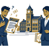 법원 앞에서 이행강제금 통지서를 든 공무원과 건축주