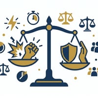 정당방위의 복잡한 판단 기준을 상징하는 저울. 한쪽에는 위협적인 요소가, 다른 쪽에는 방어 행위가 놓여 있으며, 여러 변수들이 균형을 맞추고 있다.