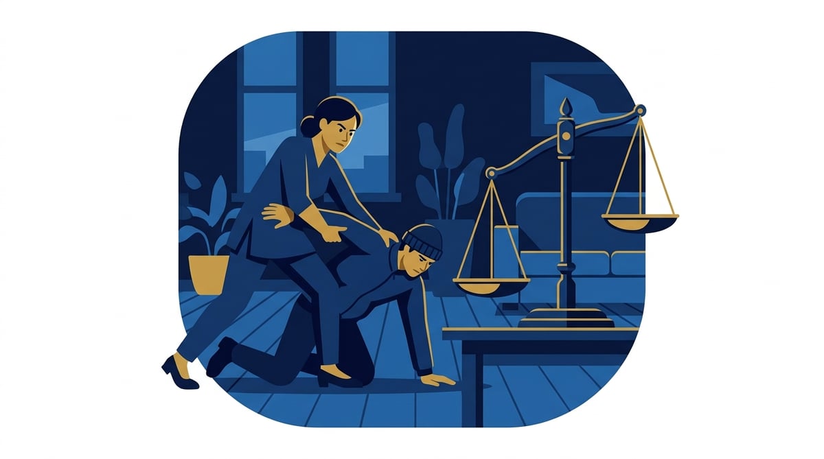 새벽 시간, 어두운 집 안에서 침입한 도둑을 붙잡고 있는 사람과 그 옆에 균형이 기울어진 법의 저울이 놓여있어 정당방위의 애매한 경계를 상징한다.