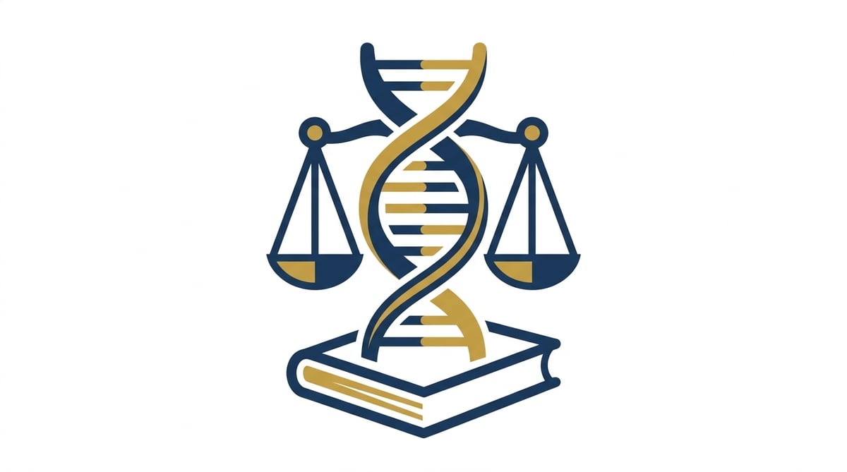 DNA 이중 나선과 법원 저울, 법전이 함께 있는 모습. 법률적 증거의 중요성을 상징한다.