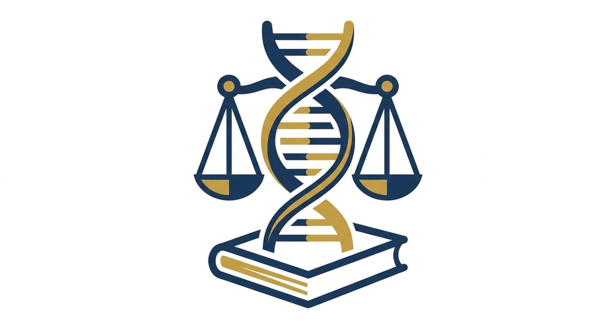 DNA 이중 나선과 법원 저울, 법전이 함께 있는 모습. 법률적 증거의 중요성을 상징한다.