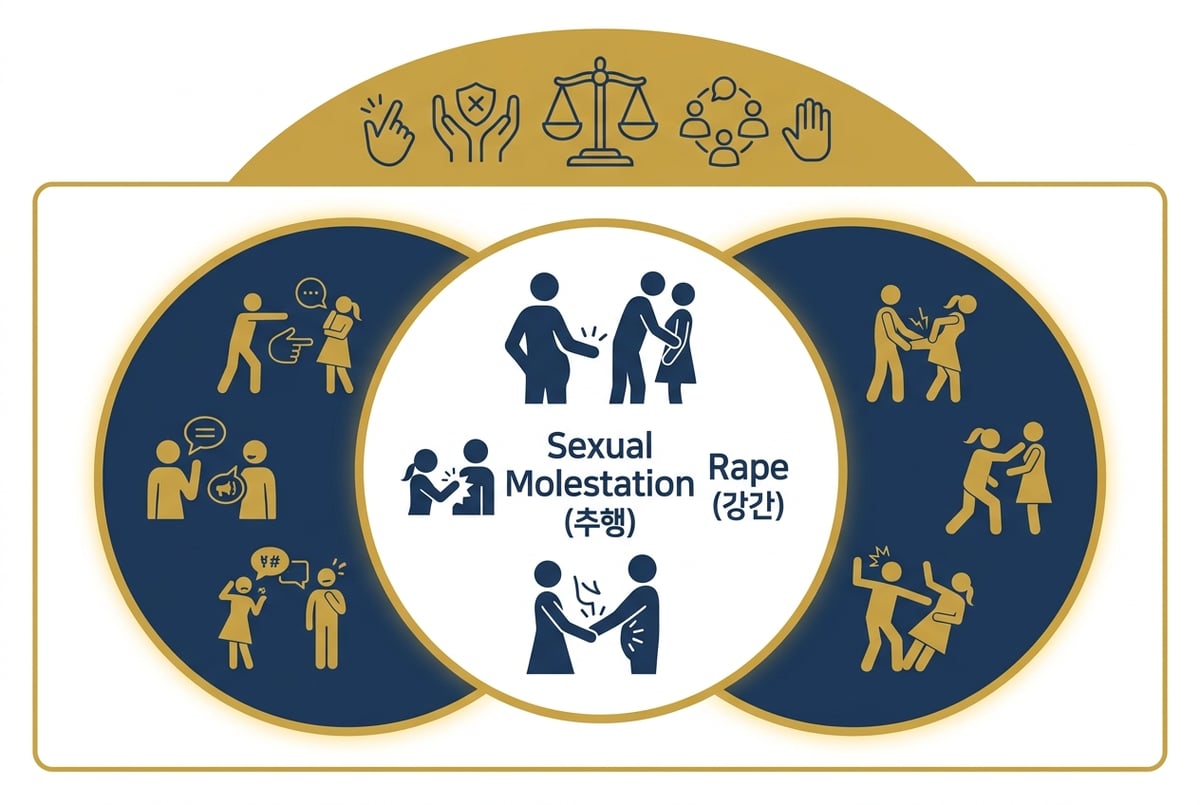 성희롱, 성추행, 강간 등 성범죄 용어들이 각각 다른 원으로 표현된 다이어그램